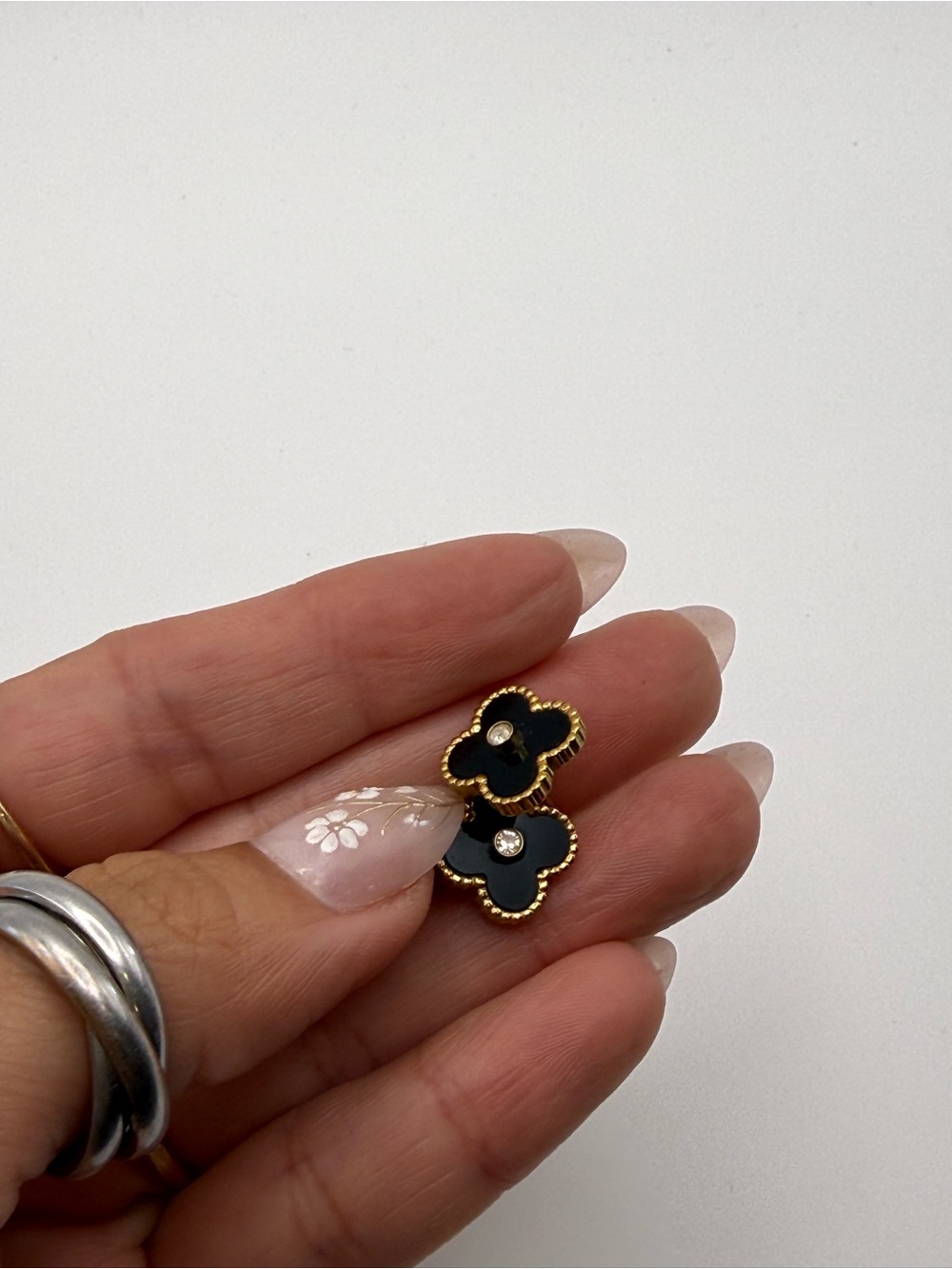 Gold-Trim Black Clover Stud Earrings with Crystal Accent